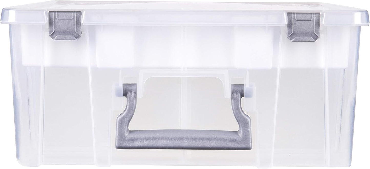 AB Designs 6899ABD Super Satchel Double Deep with Lift-Out Tray and Removable Dividers, Stackable Home Storage Organization Container, Clear with Sliver Latches and Handle