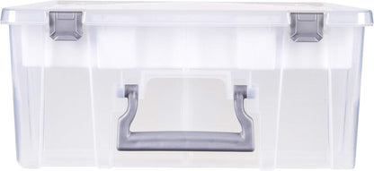 AB Designs 6899ABD Super Satchel Double Deep with Lift-Out Tray and Removable Dividers, Stackable Home Storage Organization Container, Clear with Sliver Latches and Handle