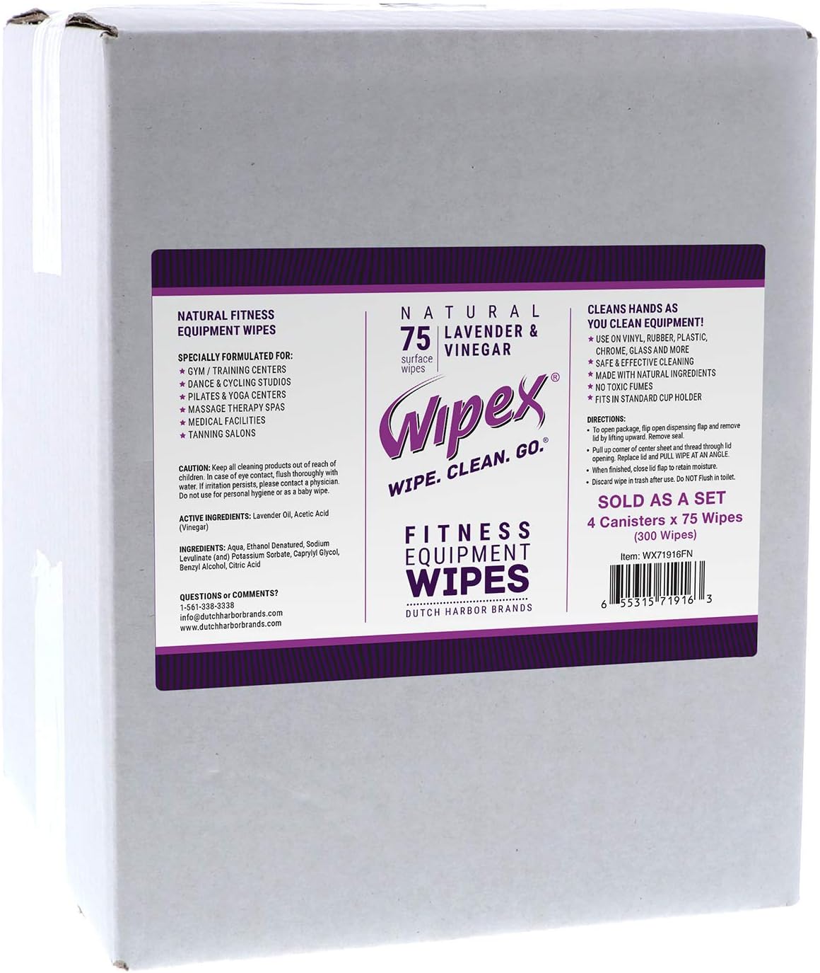 Wipex Natural Gym & Fitness Equipment Wipes for Personal Use - Lavender & Vinegar Scent - for Yoga, Pilates, Dance Studios, Home Gym, Peloton Bike, Sports, Spas (4 Pack/300 Wipes)
