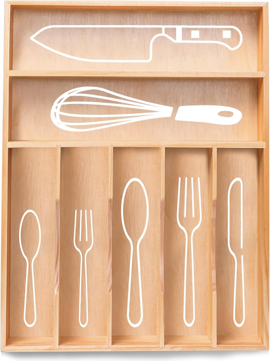 Silverware Organizer, Kitchen Drawer Organizer 13"× 17" Pine Wood Utensil Holder and Cutlery Tray with Grooved Drawer Dividers, 7 Compartment Utensil Tray Wood Caddy for Flatware Forks Spoon, Knives