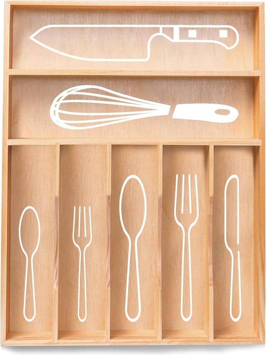 Silverware Organizer, Kitchen Drawer Organizer 13"× 17" Pine Wood Utensil Holder and Cutlery Tray with Grooved Drawer Dividers, 7 Compartment Utensil Tray Wood Caddy for Flatware Forks Spoon, Knives