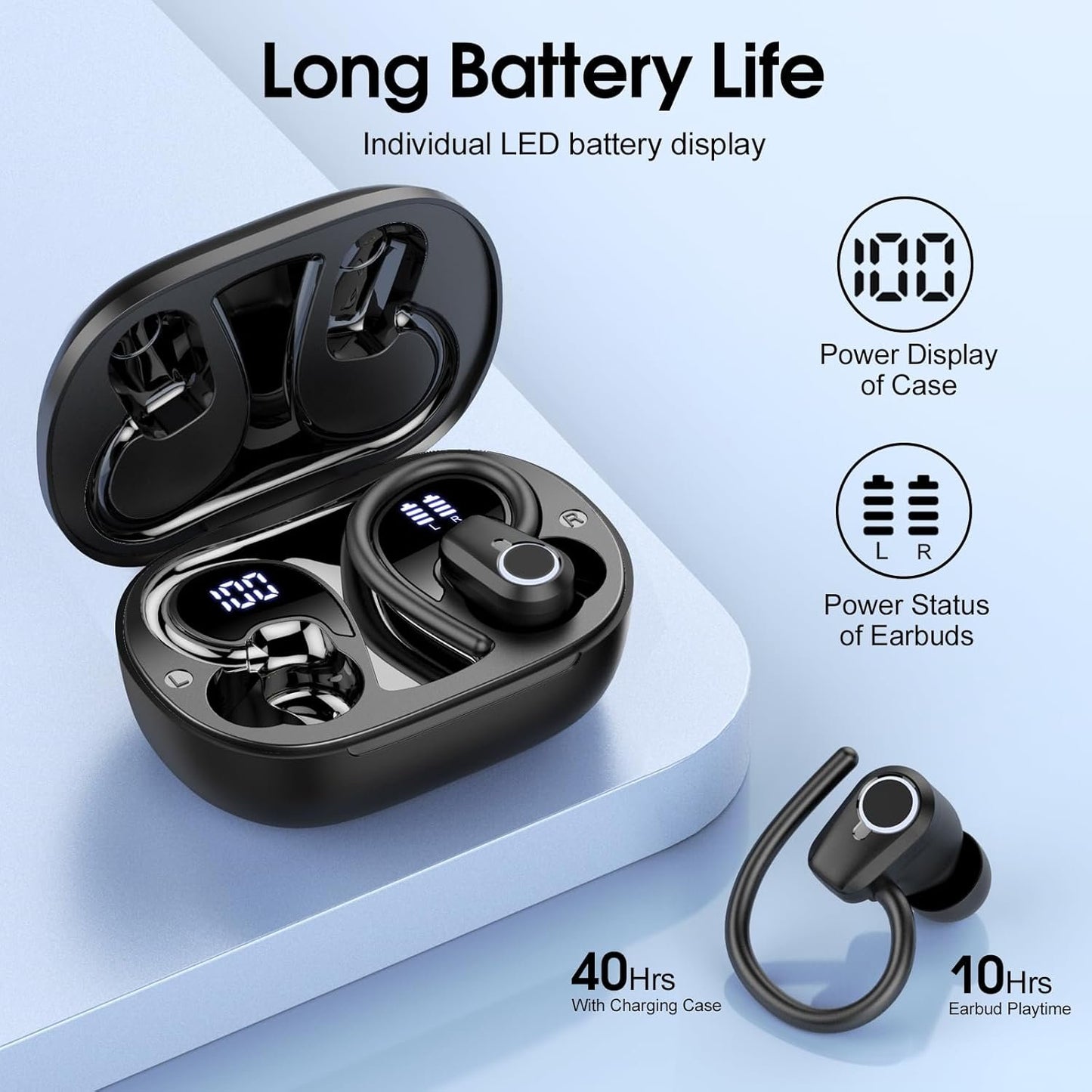 Wireless Earbuds, 50H Bluetooth 5.4 Headphones Sport, Wireless Earphones with HiFi Stereo Sound, IP7 Waterproof Bluetooth Earbuds with ENC Noise Canceling, LED Display Ear Buds for Sports/Workout