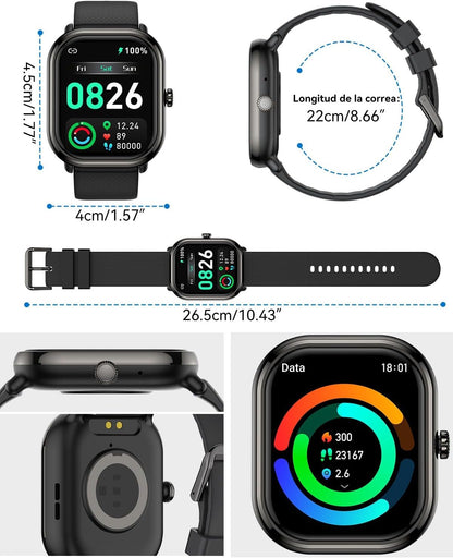 Musclez Smartwatch, Smart Watch for Women Men Kids, 1.96'' HD Touch Screen Pedometer, Calories, Heart Rate, Blood Pressure Monitor, IP68 Fitness Tracker (Black)