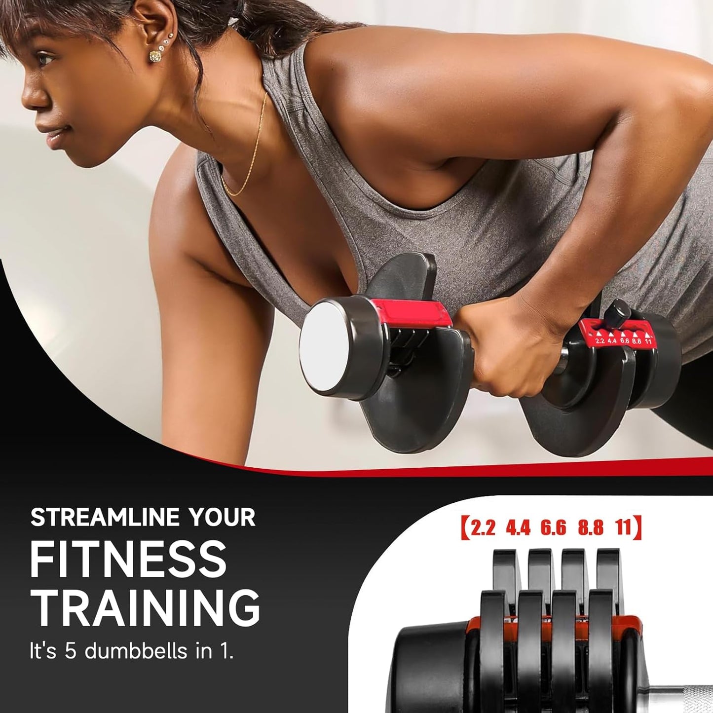 Koreal Adjustable Dumbbells Set, 2Pack 11KG Dumbbell Set, 2.5 to 11KG Quick Dial Adjustment Weights With Safety Locking Button, Space Saving Strength Training for Full Body Home Gym Workout