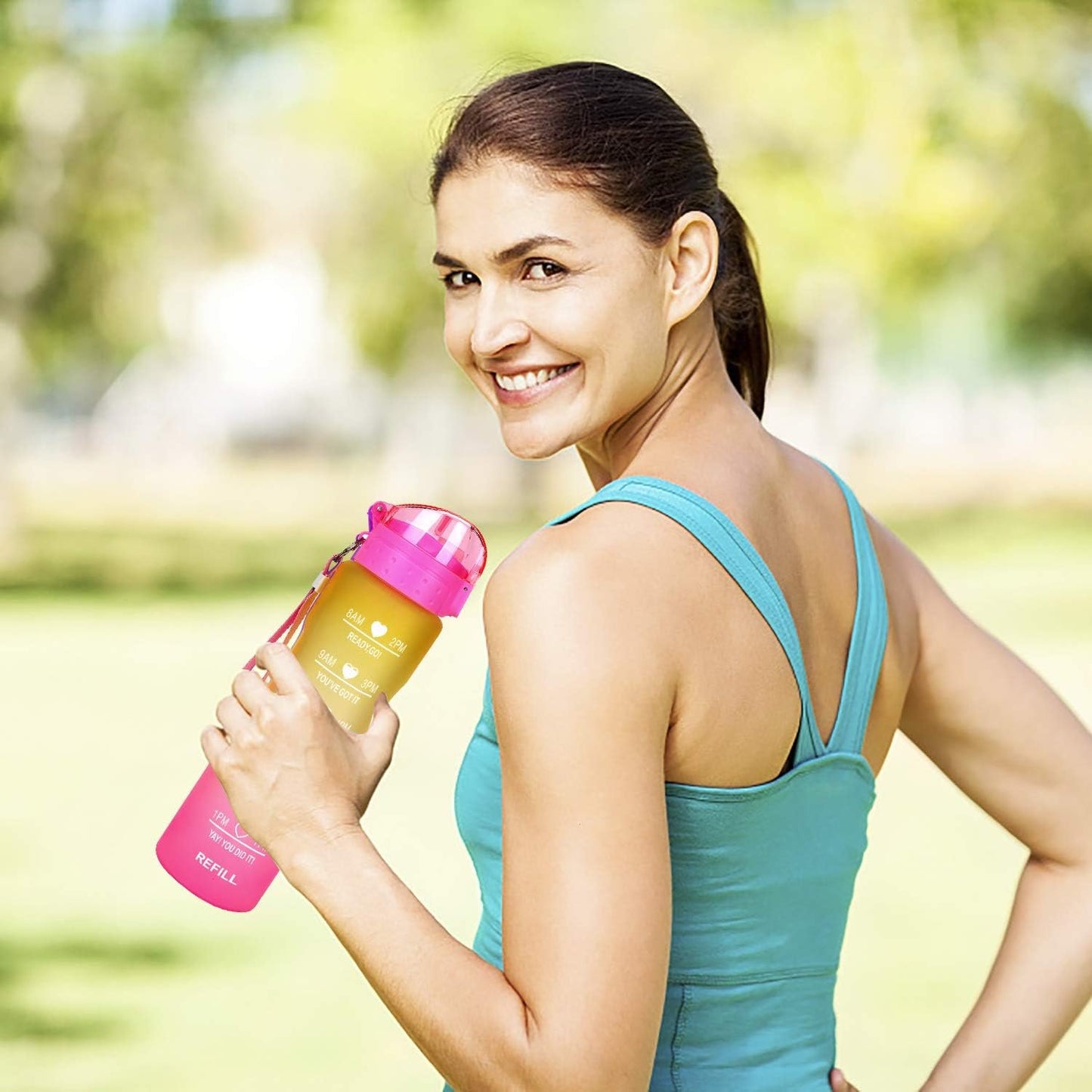32oz Leakproof Water Bottle with Time Marker & Straw lid to Ensure You Drink Enough Water Throughout The Day for Fitness and Outdoor Enthusiasts, BPA Free, with Straw Brush (Yellow Pink)