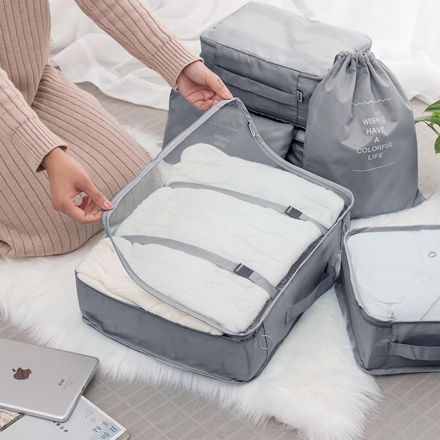 MOOING 12 Pieces Travel Suitcase Organizer Set, Travel Cube System, Separators for Travel, Travel Organizer, Packing Cubes, Storage Case Set for Clothes, Shoes, Underwear (Grey)