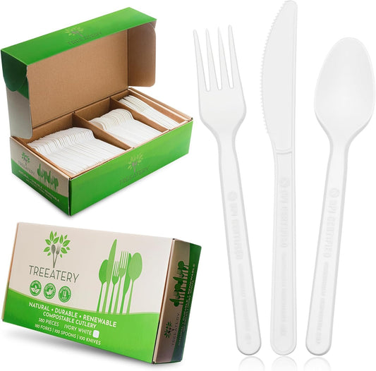 Treeatery - Compostable Cutlery Set, Plant-Based Disposable Utensils, Dishwasher-Safe Silverware, 380-Piece Set, Plant a Tree With Every Box, Ivory White