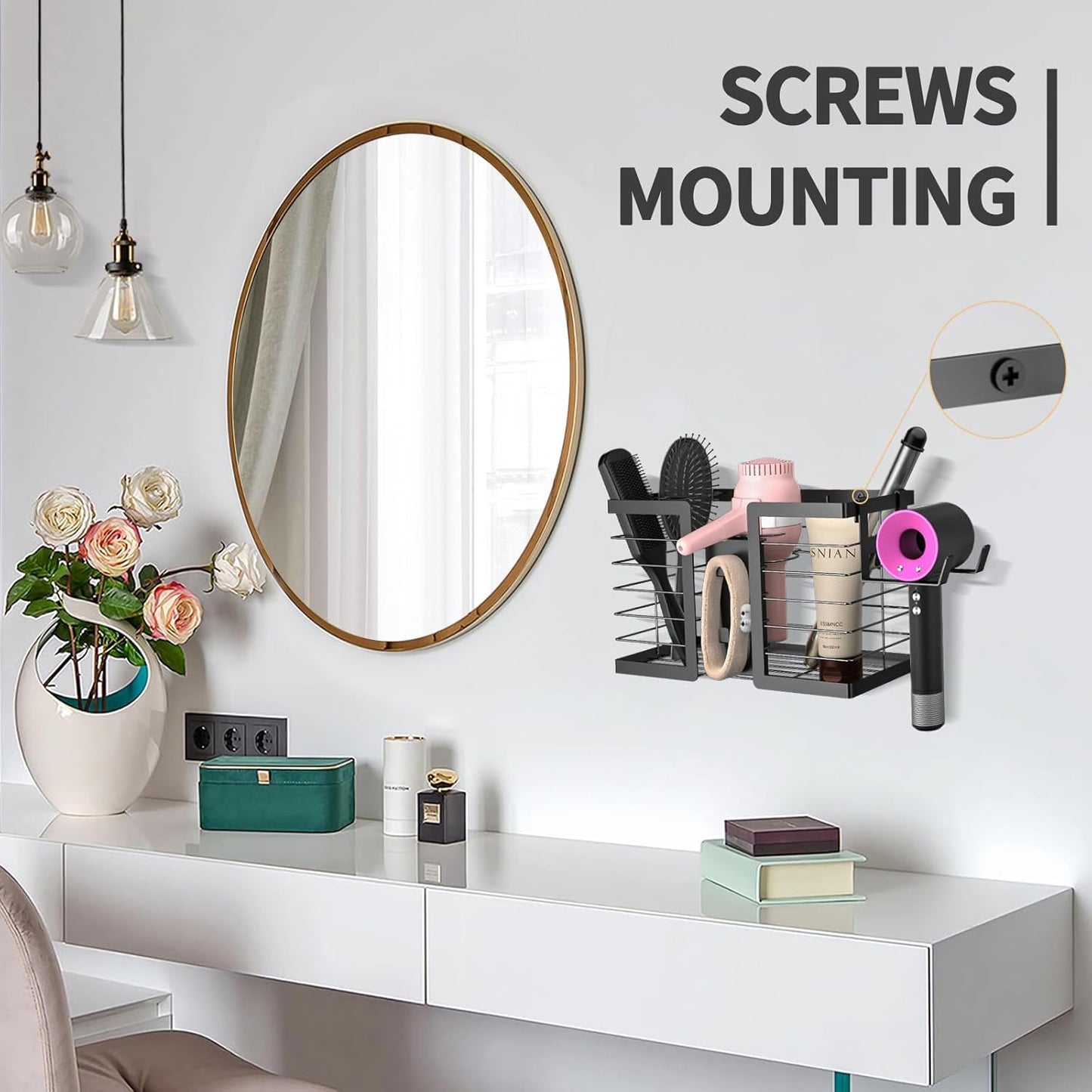 Hair Tool Organizer - Hair Dryer Holder, 3 in 1 Metal Bathroom Organizer Wall Mount for Flat Iron, Curling Iron, Straightener, Hair Care & Styling Tools Bathroom Storage and Organizer (Black)