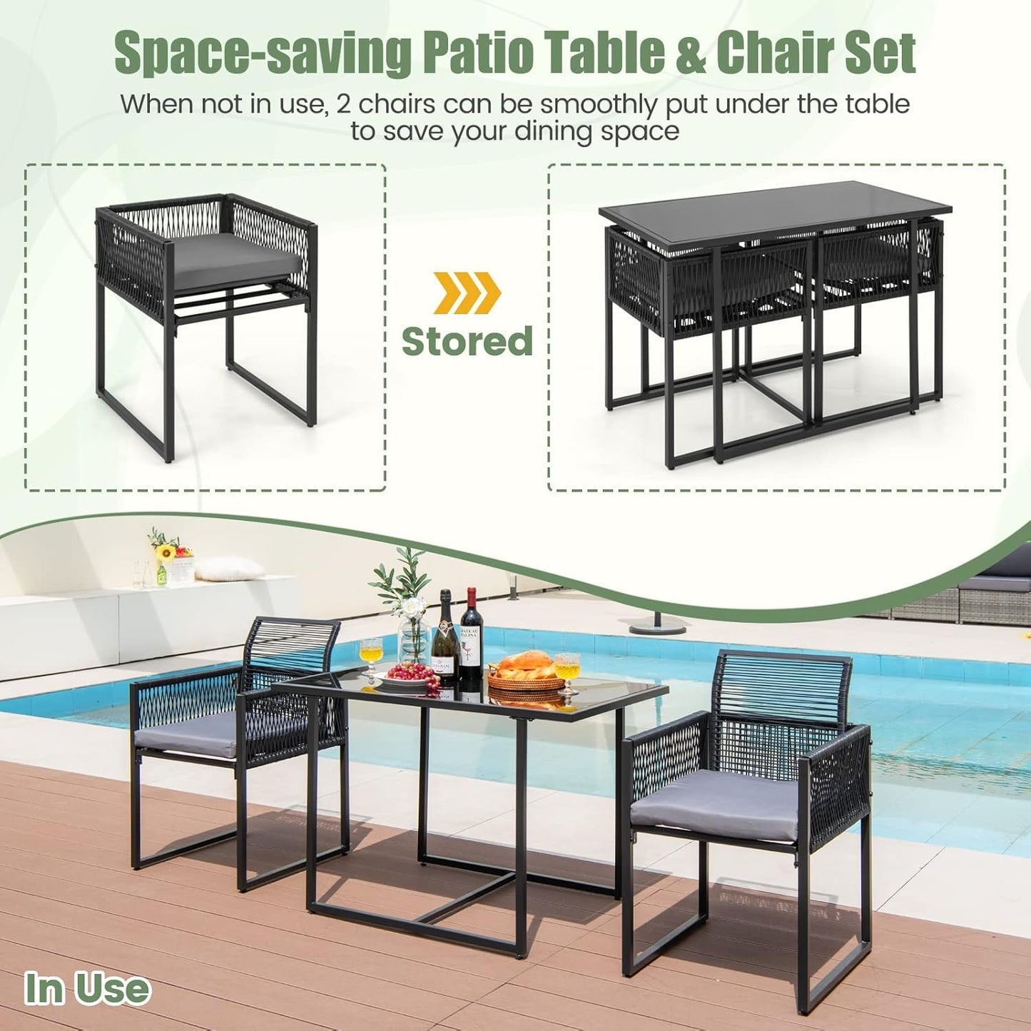 DORTALA Rattan Patio Furniture Set, 3-Piece Dining Set with Cushions, Tempered Glass Tabletop, Outdoor Wicker Small Chairs & Table Set for Backyard, Balcony, Poolside, Black