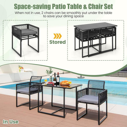 DORTALA Rattan Patio Furniture Set, 3-Piece Dining Set with Cushions, Tempered Glass Tabletop, Outdoor Wicker Small Chairs & Table Set for Backyard, Balcony, Poolside, Black