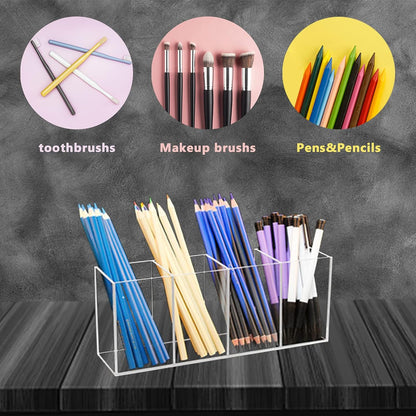 QPEY Acrylic Pen Holder 4 Compartments,Clear Pen Holder Organizer Makeup Brush Holder for Office Desk Accessories,Cosmetic Brush Storage Box,Dorm,Bathroom,Kitchen (Clear)