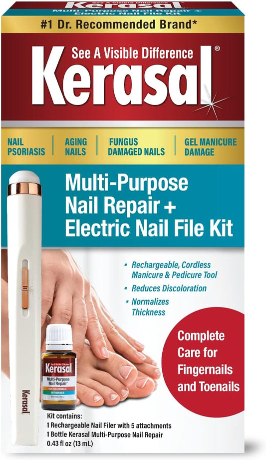 Kerasal Multi-Purpose Nail Repair and Electric Nail File Kit - Nail Repair for Damaged Nails - Nail Care Kit Includes 0.43 fl oz Solution and Electric Nail File