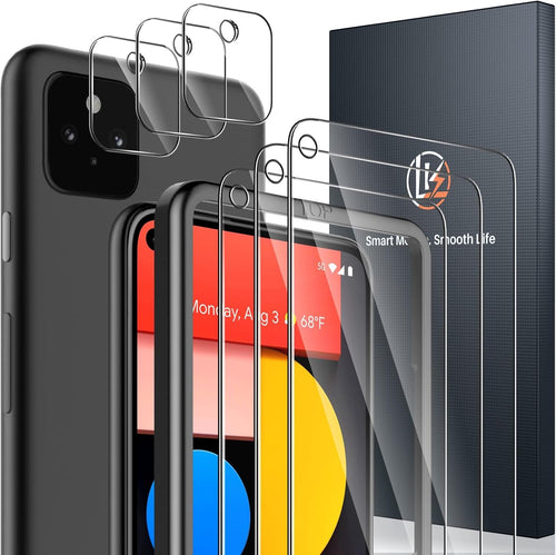LK [6 Pack] 3 Pack Screen Protector for Google Pixel 5 + 3 Pack Camera Lens Protector, Anti-Scratch, Easy-Installation Tool, Tempered Glass 9H Hardness for Google Pixel 5