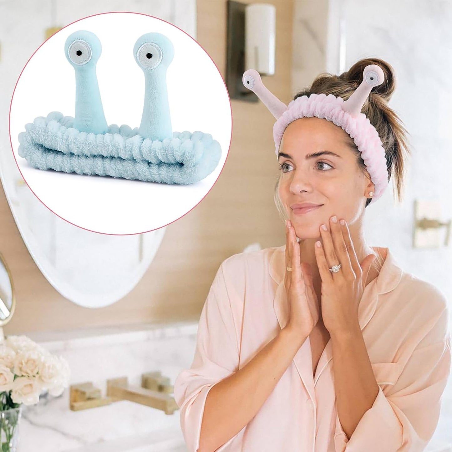 Umshlem 2 Pack Face Wash Headband Snail Spa Hair Bands Makeup Headbands Cartoon Cute Coral Fleece Elastic Headband Creative Hair Accessories for Washing Face Shower Beauty Skincare - Pink and Blue