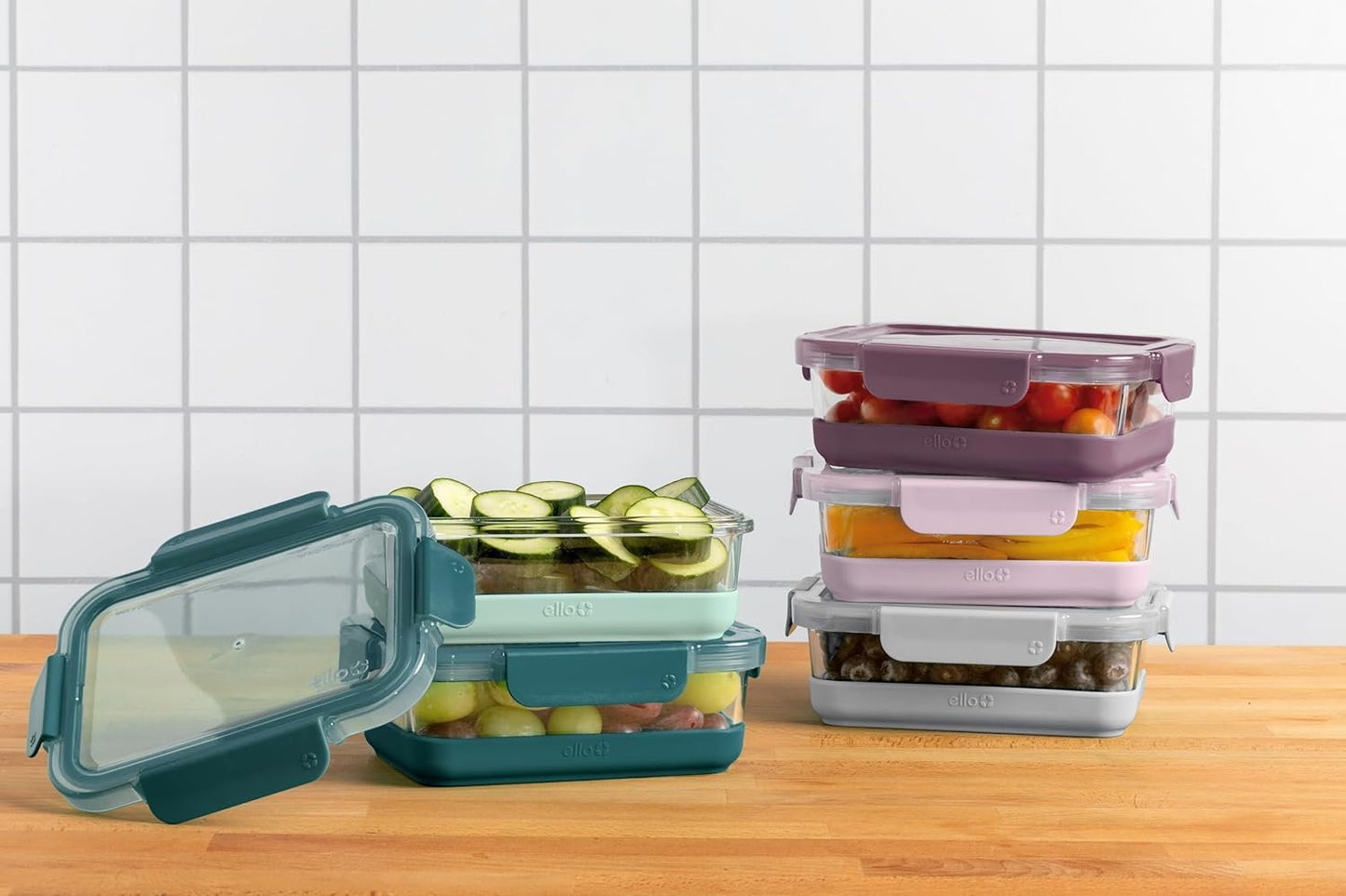 Ello Duraglass Refresh 3.4 Cup Meal Prep Sets 10Pc, 5 Pack Set- Glass Food Storage Container with Silicone Boot and Airtight BPA-Free Plastic Lids, Dishwasher, Microwave and Freezer Safe, Garden Goals