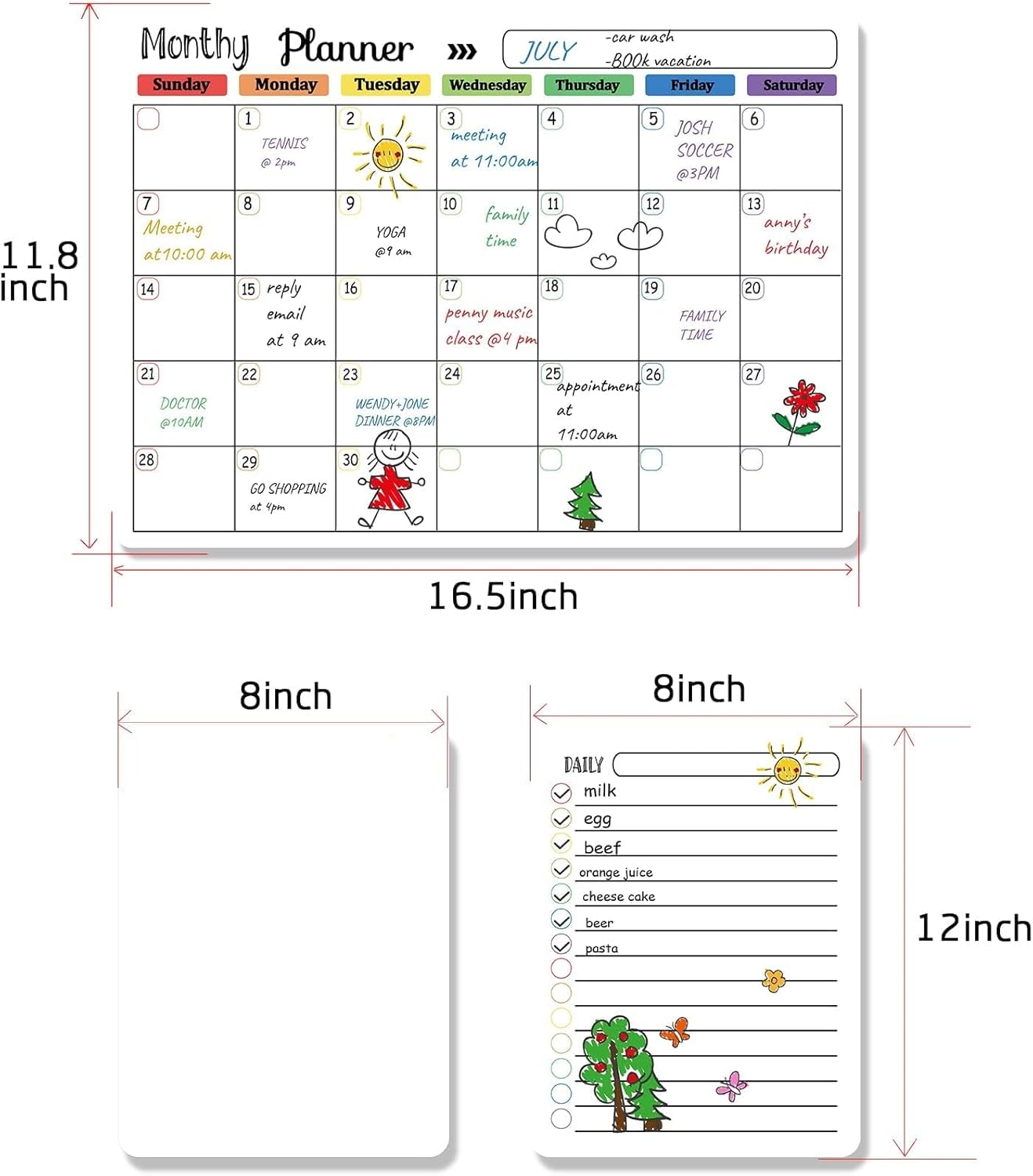 Hivillexun Magnetic Dry Erase Calendar Whiteboard Set (4-Pack) for Home and Kitchen, with Monthly and Weekly Views (16.5” x 11.8”), Magnetic Whiteboard and Daily Planners (12” x 8”) 8 Markers & Eraser