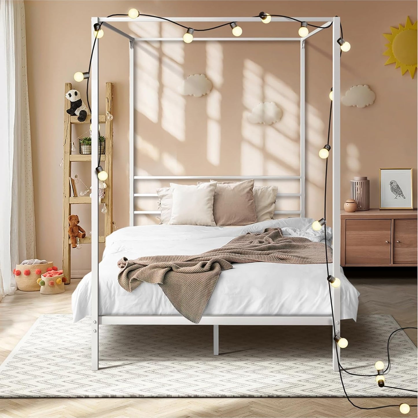Oikiture Bed Frame Single Size Canopy Metal Bed Base White