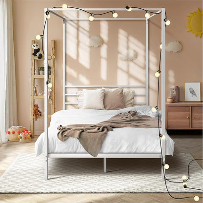 Oikiture Bed Frame Single Size Canopy Metal Bed Base White