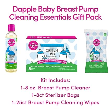 Dapple Breast Pump Cleaning Essentials Gift Set, Hypoallergenic & Powered by Plants, Removes Milk Residue, Leaves No Taste, 25ct Wipes, 8oz Soap 8ct Sterilizer Bags