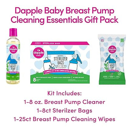 Dapple Breast Pump Cleaning Essentials Gift Set, Hypoallergenic & Powered by Plants, Removes Milk Residue, Leaves No Taste, 25ct Wipes, 8oz Soap 8ct Sterilizer Bags