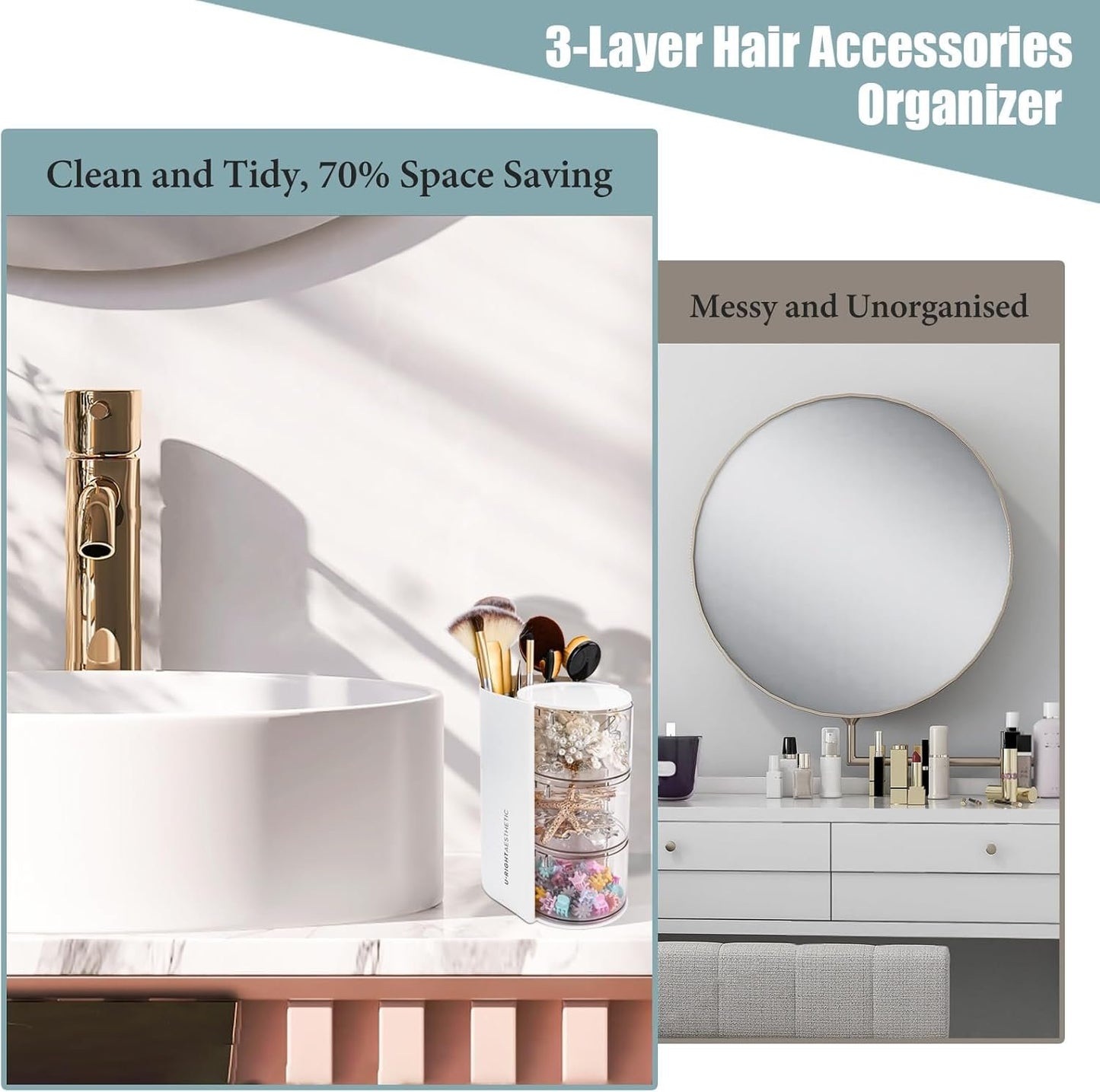 WCHOSOZH 3-Tier Clear Hair Accessories Organizer with Hair Brushes Holder, Rotatable Drawer Makeup Sponge Holder Desktop Organizer Case for Makeup Brushes,Lipsticks,Q-tip,Stationeries (White)