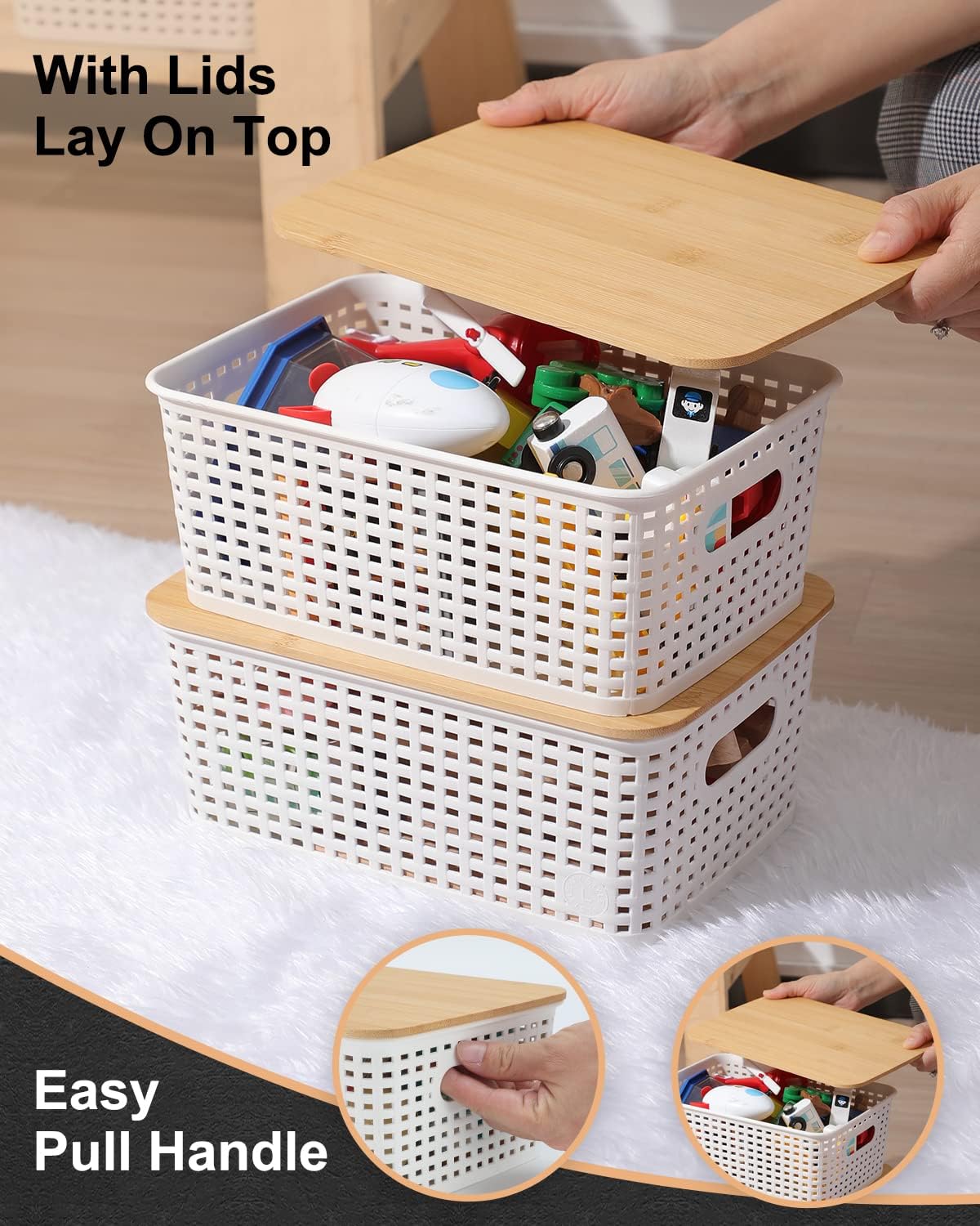 Storage Bins with Lids 6 Packs, Plastic Storage Bins with Bamboo Lids for Pantry Organization and Storage Containers for Shelves Drawers Desktop Closet Playroom Classroom Office Home, White