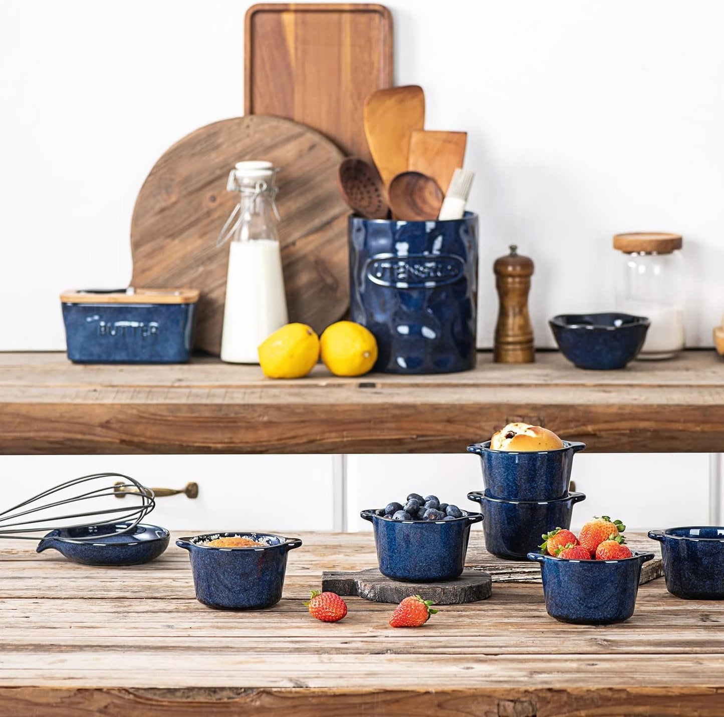 Creme Brulee Ramekins Ceramic Bowls - VICRAYS Mini Custard Cups 8 oz oven Safe Bowls Souffle Dishes for Baking Individual Casserole Dipping Sauce Pioneer Woman Bakeware Set of 6, Blue