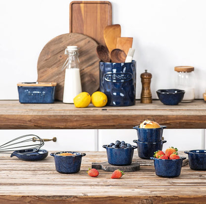 Creme Brulee Ramekins Ceramic Bowls - VICRAYS Mini Custard Cups 8 oz oven Safe Bowls Souffle Dishes for Baking Individual Casserole Dipping Sauce Pioneer Woman Bakeware Set of 6, Blue