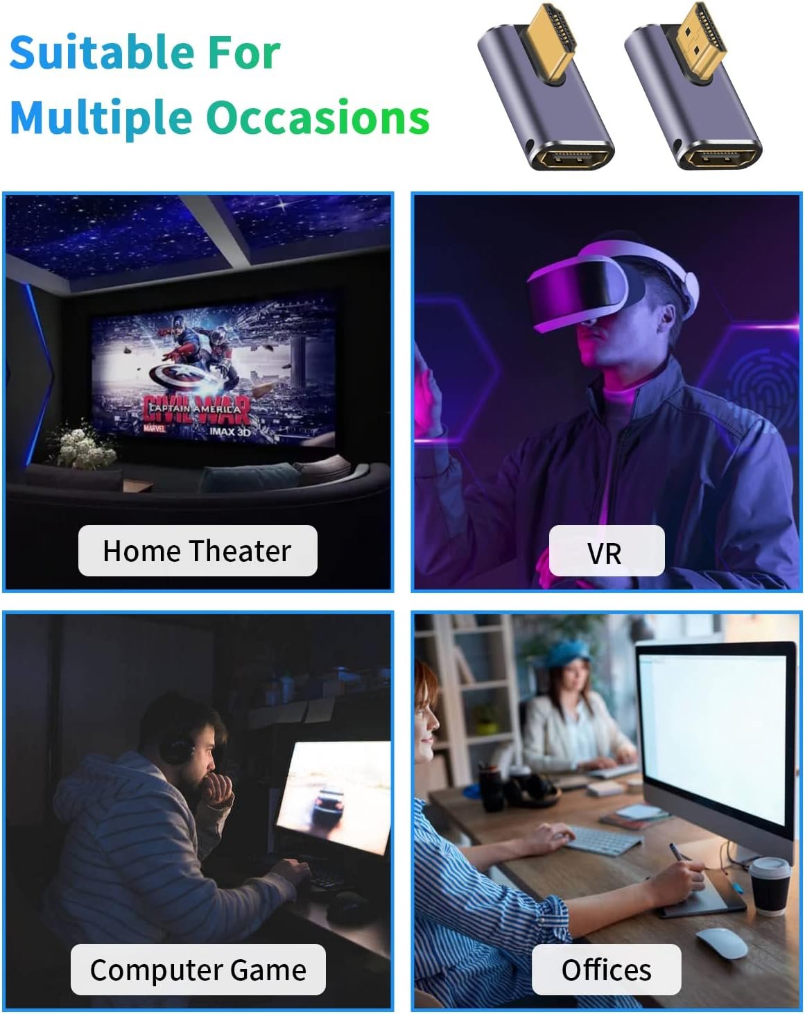 Duttek 8K 90 Degree HDMI Adapter, Left&Right Angle HDMI Adapter 48Gbps, UHD HDMI 2.1 Male to Female Extender with Support 8K@60hz HDMI Port for Video 3D HDR, Nintendo Switch 2Pack