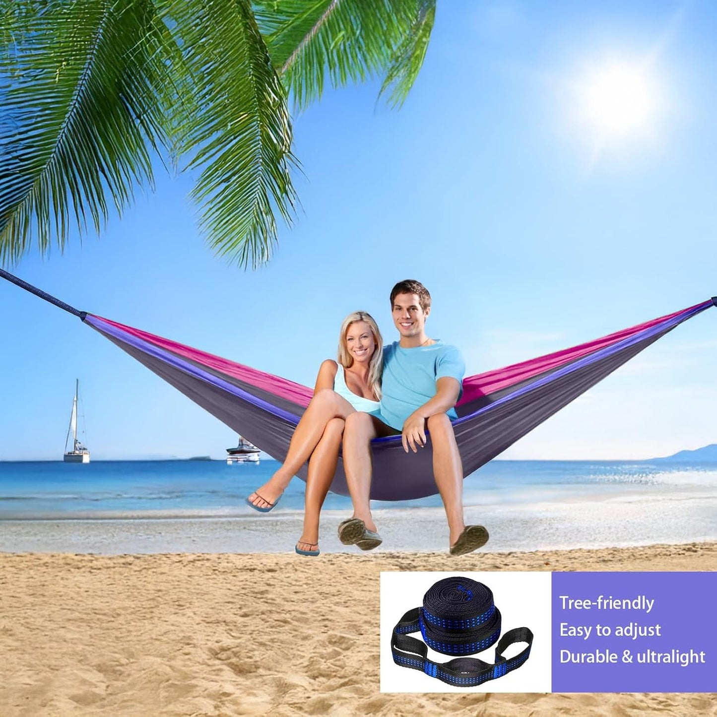 Double Camping Hammock, Two Person Hammocks with 2 Tree Straps(16+2 Loops), Portable Lightweight Hammock with 210T Nylon Parachute for Backpacking, Outdoor, Beach, Travel, Hiking, Gear - Red Gray