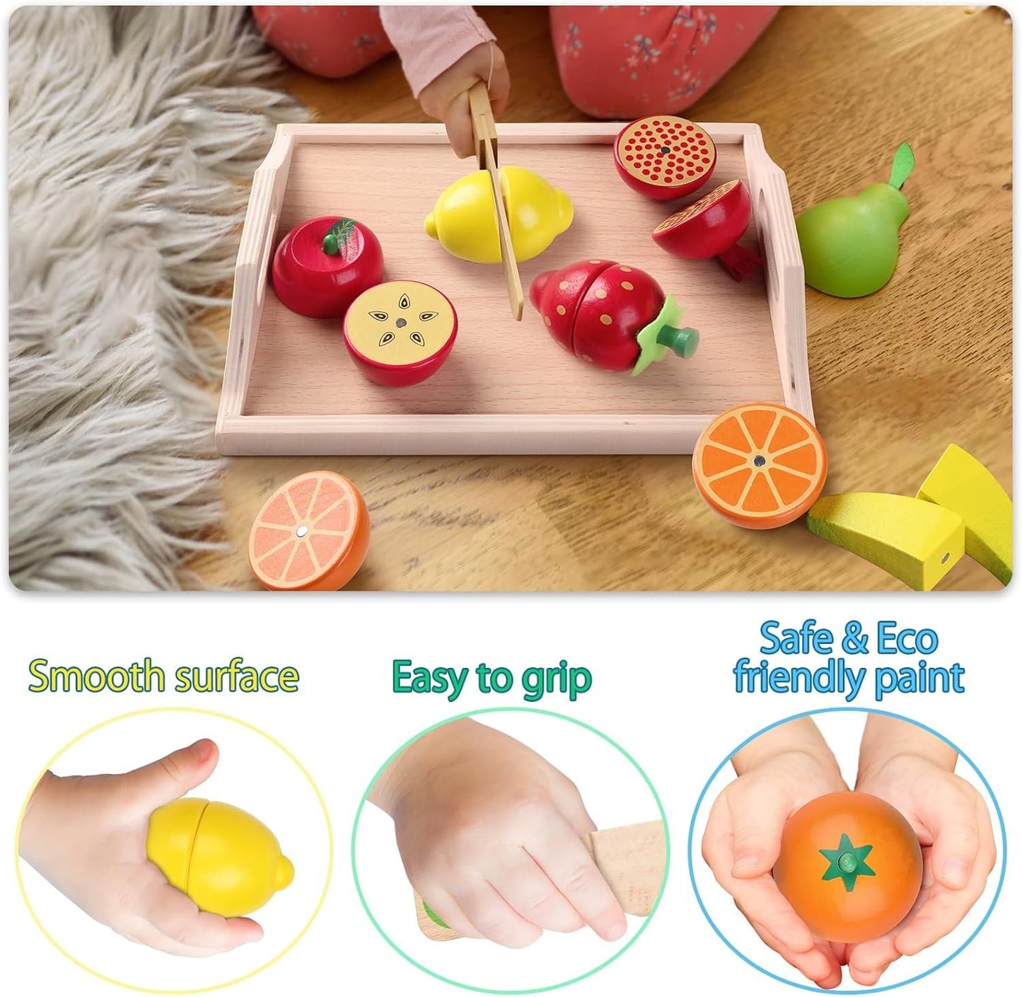 CARLORBO Wooden Toys for 2 Year Old- Pretend Play Food Set for Kids Play Kitchen,9 Cuttable Toy Fruit and Veg with Wooden Knif and Tray,Gift Idea for Boy Girl Birthday