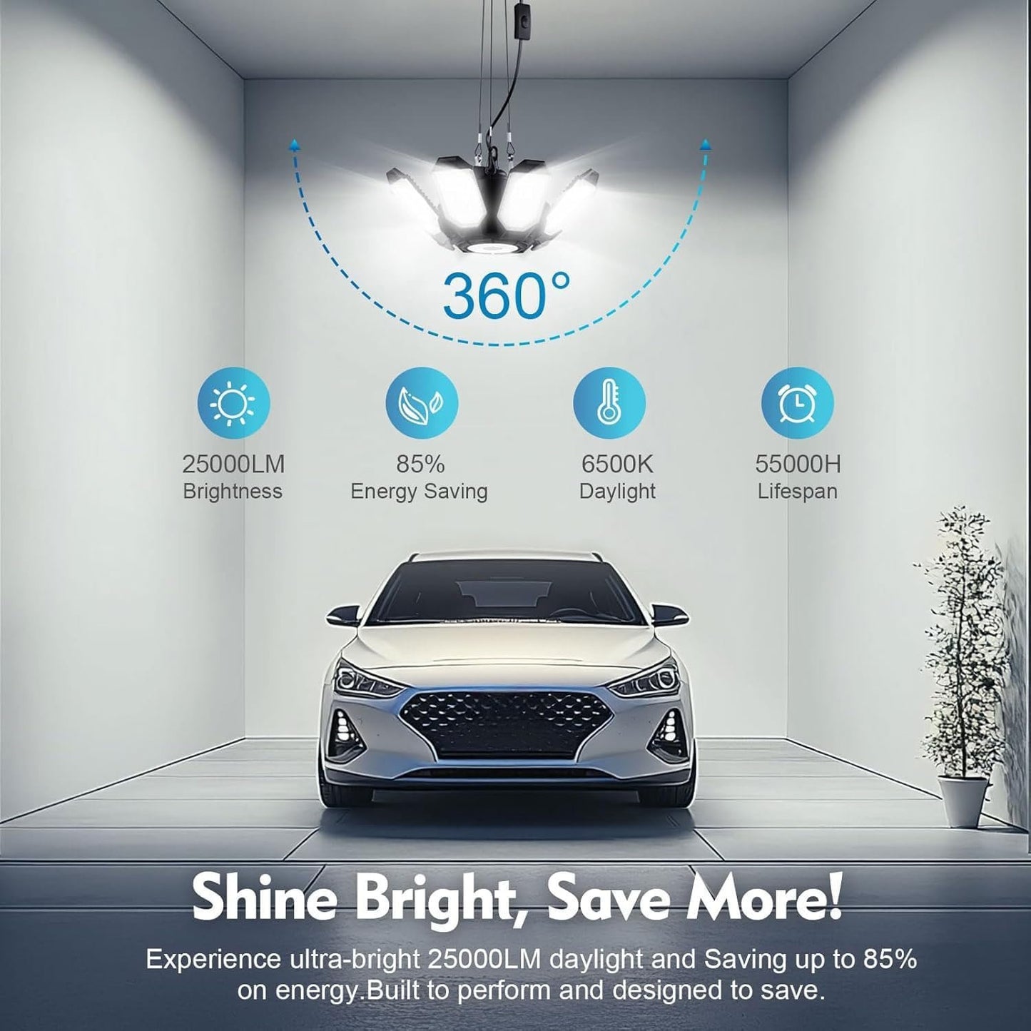 TANBABY Upgrade 250W LED Garage Lights Plug in 2 Pack, Total 50000LM Deformable Garage Lights Ceiling LED Plug in Cord, Plug in Shop Lights for Garage Lighting with 8+1 Panels Garage Bulb for Basement