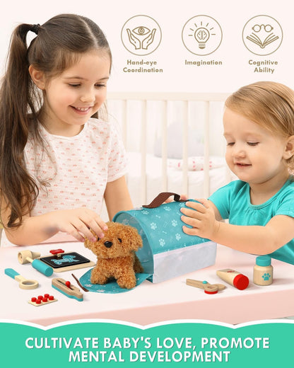 Lehoo Castle Wooden Doctor Kit for Kids, Vet Play Sets for Kids, Veterinarian Kit for Toddlers, Kids Doctors Play Set with Dog Bag, Medical Kits Doctor Toys Gift for Kids Boys Girls Aged 3 4 5 6 7