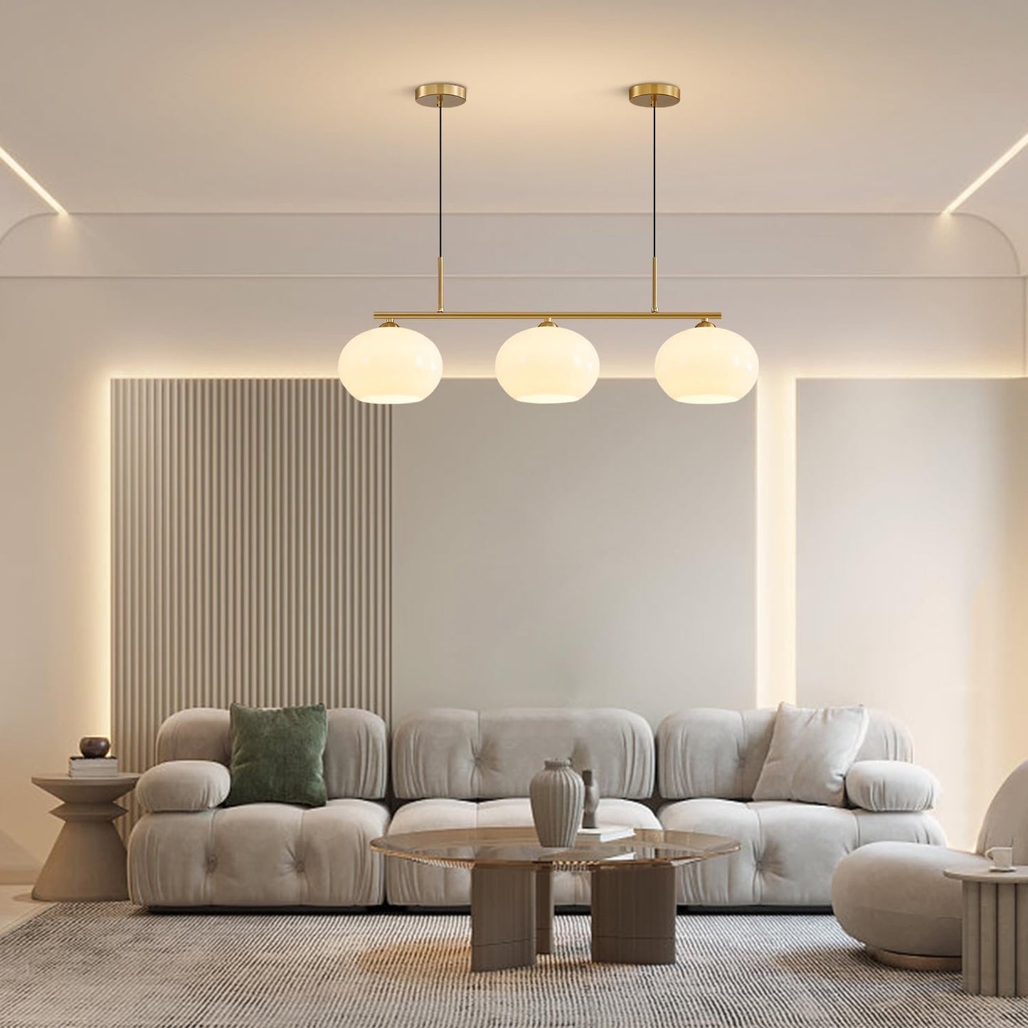 KCO Lighting 3 Light Linear Pendant Lighting Milk Glass Flush Mount Ceiling Light Brass Gold Chandelier Light Fixture Modern Globe Linear Chandelier Dining Room Dining Room Over Table