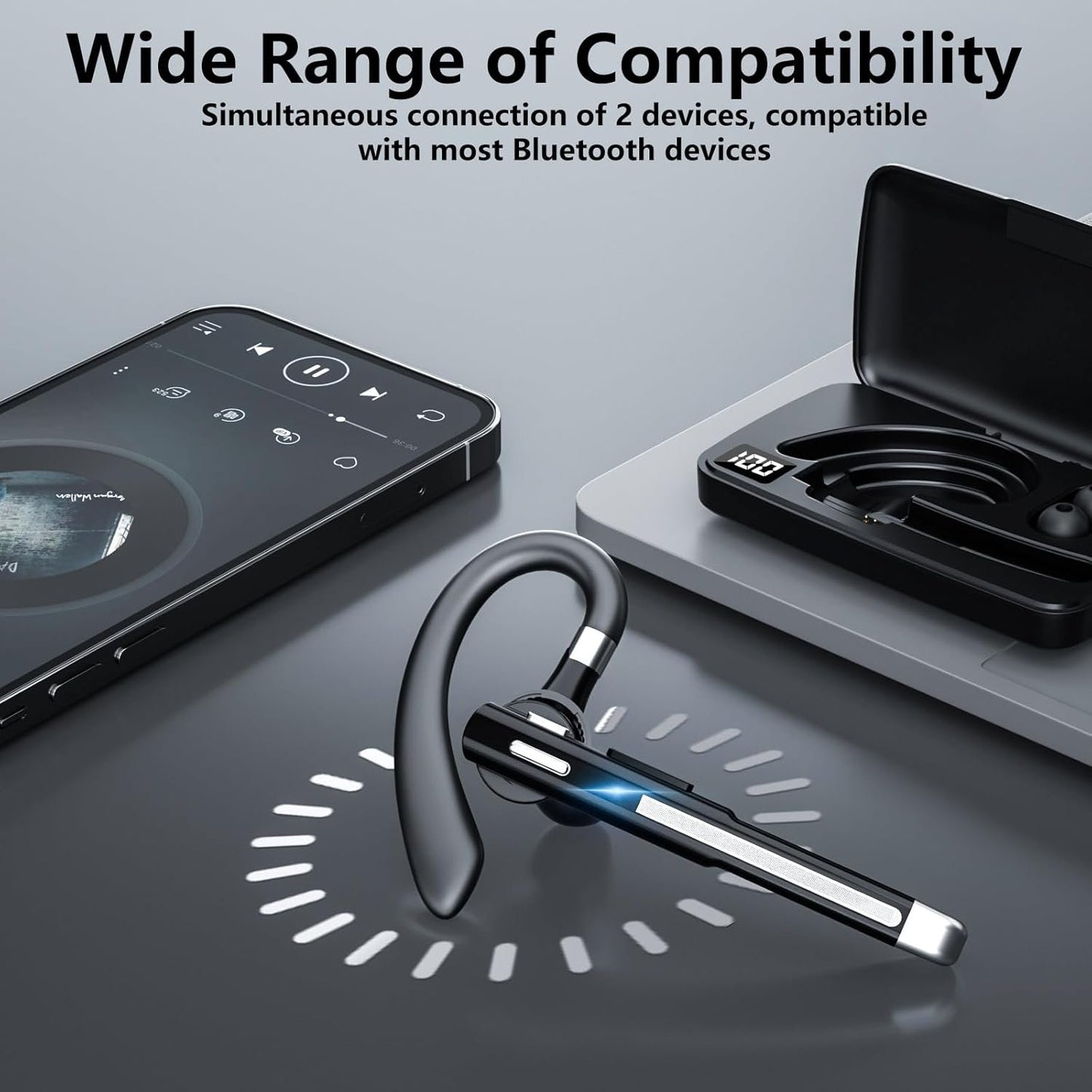 Alinch Bluetooth Headset V5.3 Bluetooth Headphones Bluetooth Earpiece with Microphone ENC Noise Cancelling Wireless Headset with Long Battery Display Charging Case for iPhone/Android