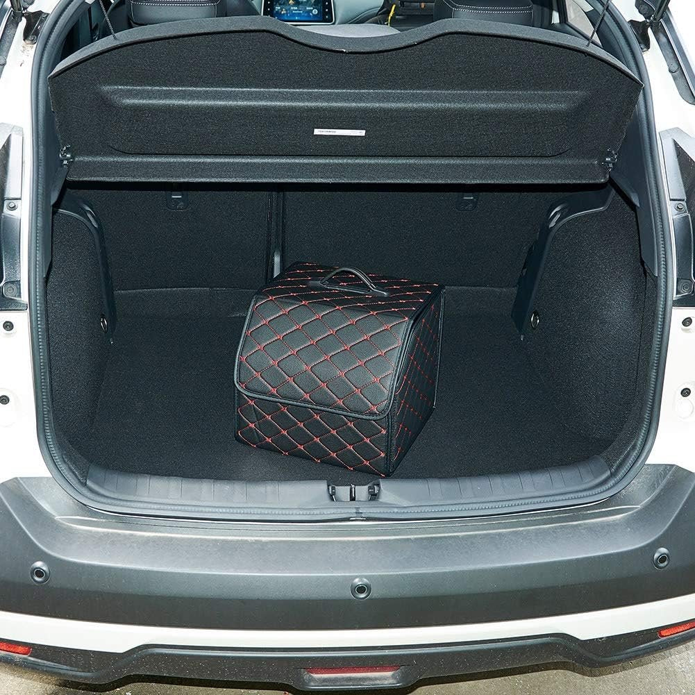 XhuangTech PU Leather Multipurpose Collapsible Car Trunk Storage Organizer with Lid 13inch Portable Auto Tools Cargo Holder Storage Box Tidy Case (Black with red line)