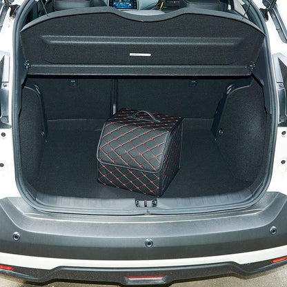 XhuangTech PU Leather Multipurpose Collapsible Car Trunk Storage Organizer with Lid 13inch Portable Auto Tools Cargo Holder Storage Box Tidy Case (Black with red line)