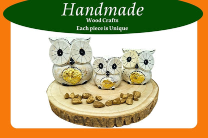 SusggO - Set of 3 Wooden Owls Decoration Hand Carved Lucky Owl Art Furniture Decoration (White Gold Details)