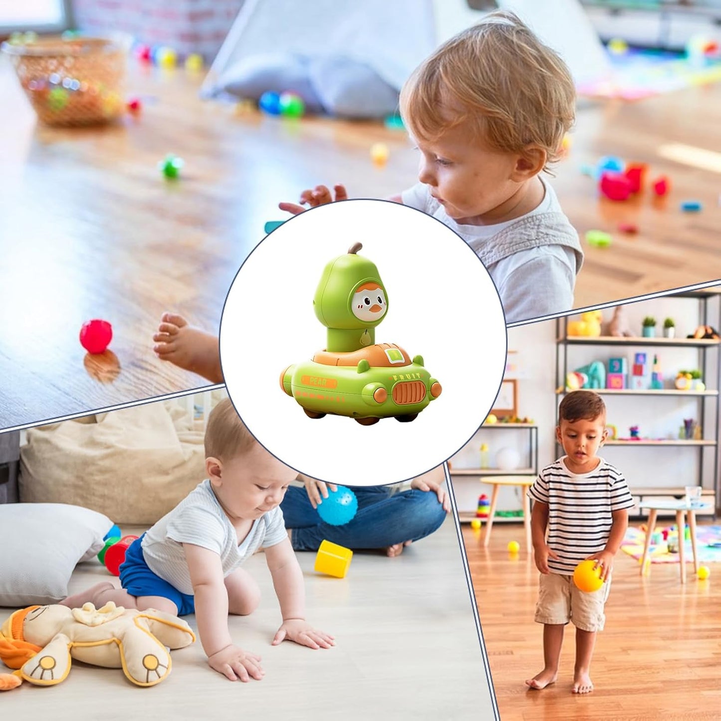 Push Car Toy for Baby | Cartoon Fruit Themed Press-Activated Car Toy | Interactive Cognitive Play Vehicle Set with 360-Degree Rotating Head | Educational Game for Babies, Perfect for Easter Basket