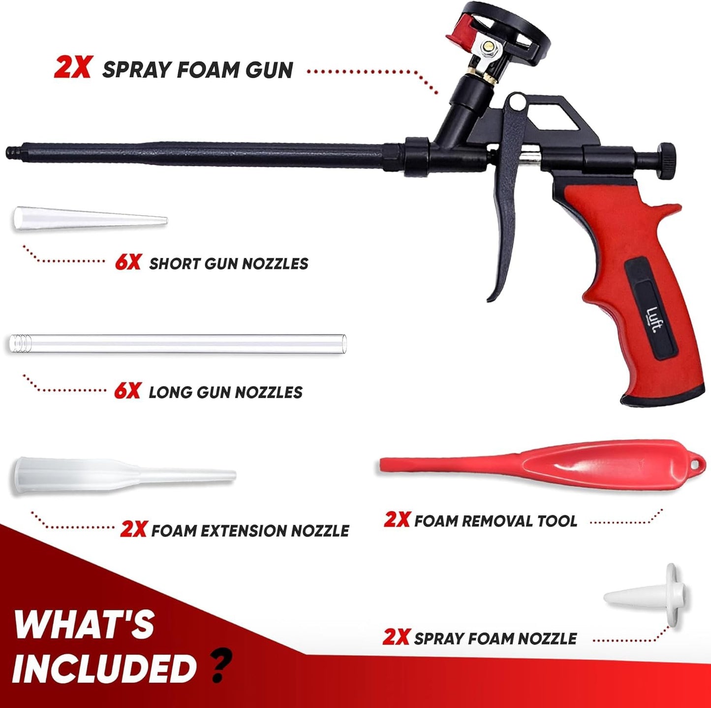 Luft (2 Pack) Spray Foam Insulation Gun (2 Guns + 6 Nozzles) Expanding Dispensing Spray Foam Gun Professional Teflon Coated Insulating PU Foam Applicator Heavy Duty Metal Body