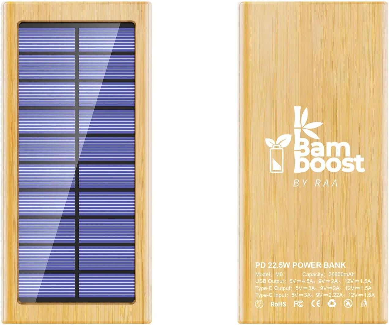 BamBoost Solar Charger Power Bank Bamboo Design - 36800mAh Power Bank, Portable Charger Eco Friendly External Battery Pack PD 22.5W and QC 3.0 Fast Charging Super Bright Flashlight Phone Charger