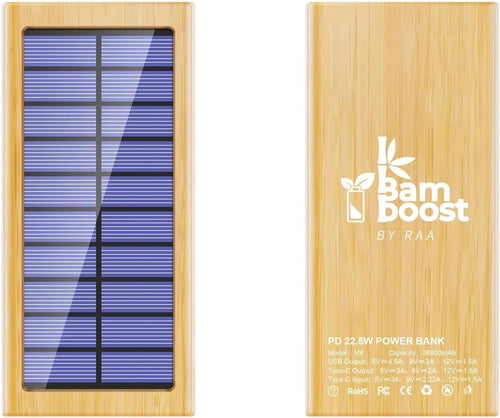 BamBoost Solar Charger Power Bank Bamboo Design - 36800mAh Power Bank, Portable Charger Eco Friendly External Battery Pack PD 22.5W and QC 3.0 Fast Charging Super Bright Flashlight Phone Charger
