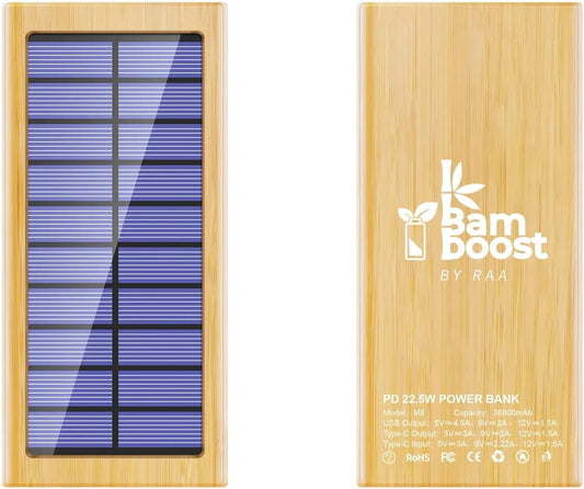 BamBoost Solar Charger Power Bank Bamboo Design - 36800mAh Power Bank, Portable Charger Eco Friendly External Battery Pack PD 22.5W and QC 3.0 Fast Charging Super Bright Flashlight Phone Charger
