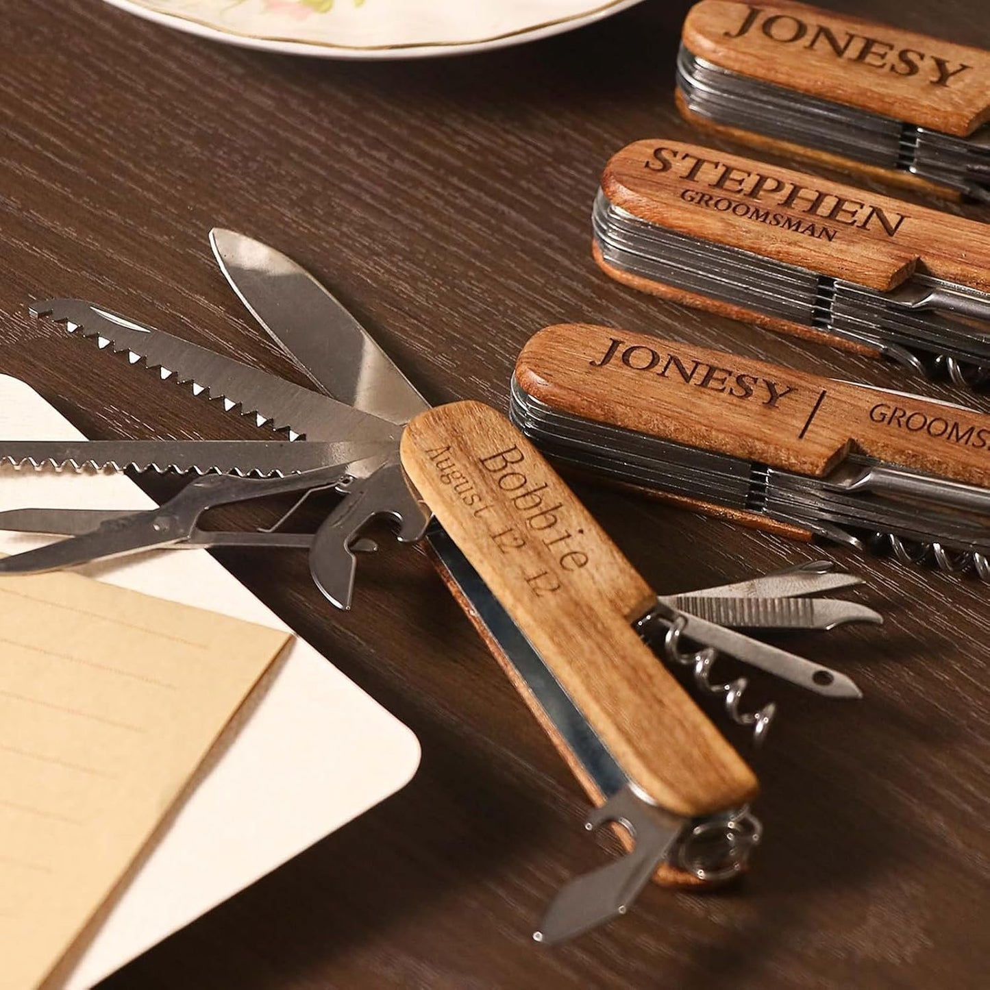 Bireviy Custom Name Multi-Tool Pocket Knife, Engraved Name Text Folding Knife Personalized Multi Function Mini Knives Wooden Handle for Birthday Gifts, Camping, and Everyday Use