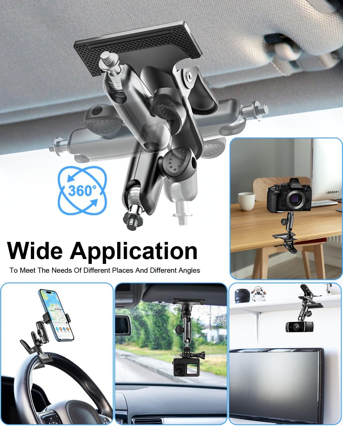 Metal Sun Visor Car Phone Holder, 360 Degree Rotation Multifunctional Phone Holder for Car Visor Clamp, Upgraded Magic Arm More Stable for Your Car Mount for iPhone 16 15 14 13 12 Android Smartphones