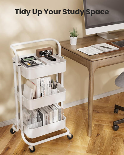 3-Tier Rolling Utility Cart, Multifunctional Metal Organization Storage Cart with 2 Lockable Wheels for Office, Home, Kitchen, Bedroom, Bathroom, Laundry Room by Pipishell (White)
