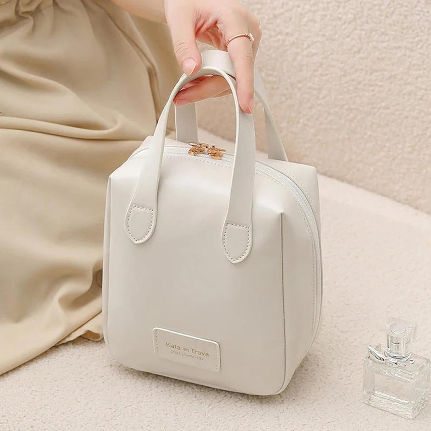 Travel Toiletry Bag | Women Makeup Bag | Large Capacity Makeup Organizer Pouch with Handle, 2 Compartments 6 Pockets Portable Hygiene Bag for Shampoo, Make Up, Perfume, Personal Item, White, Refer to