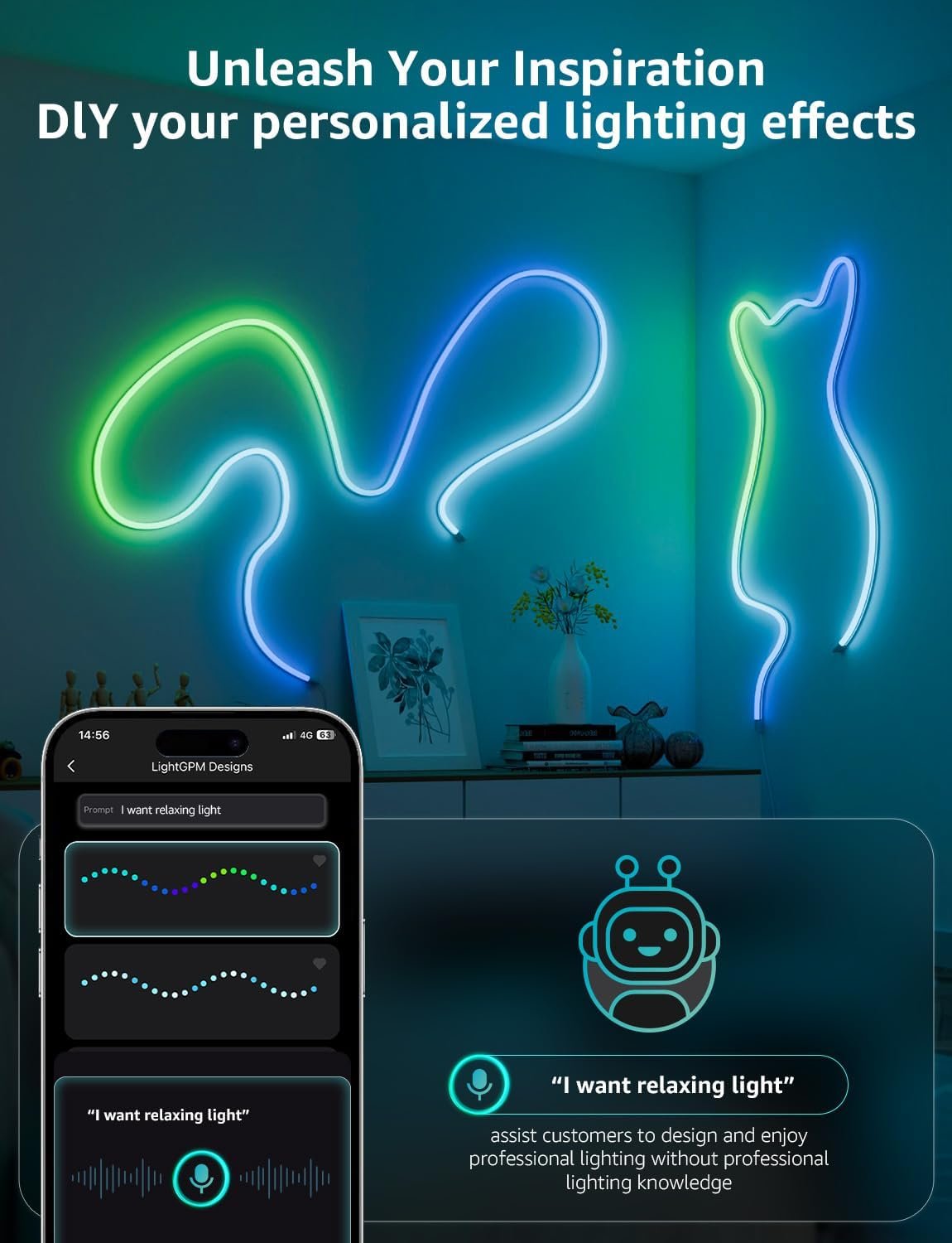 Lepro AI Neon Lights N1, RGBIC Neon Led Lights, Work with Alexa & Google Neon Rope Light, Music Sync neon led Strip Light, IP65 Outdoor Led Strip Lights Waterproof, LED Lights Strip for Bedroom, 20FT