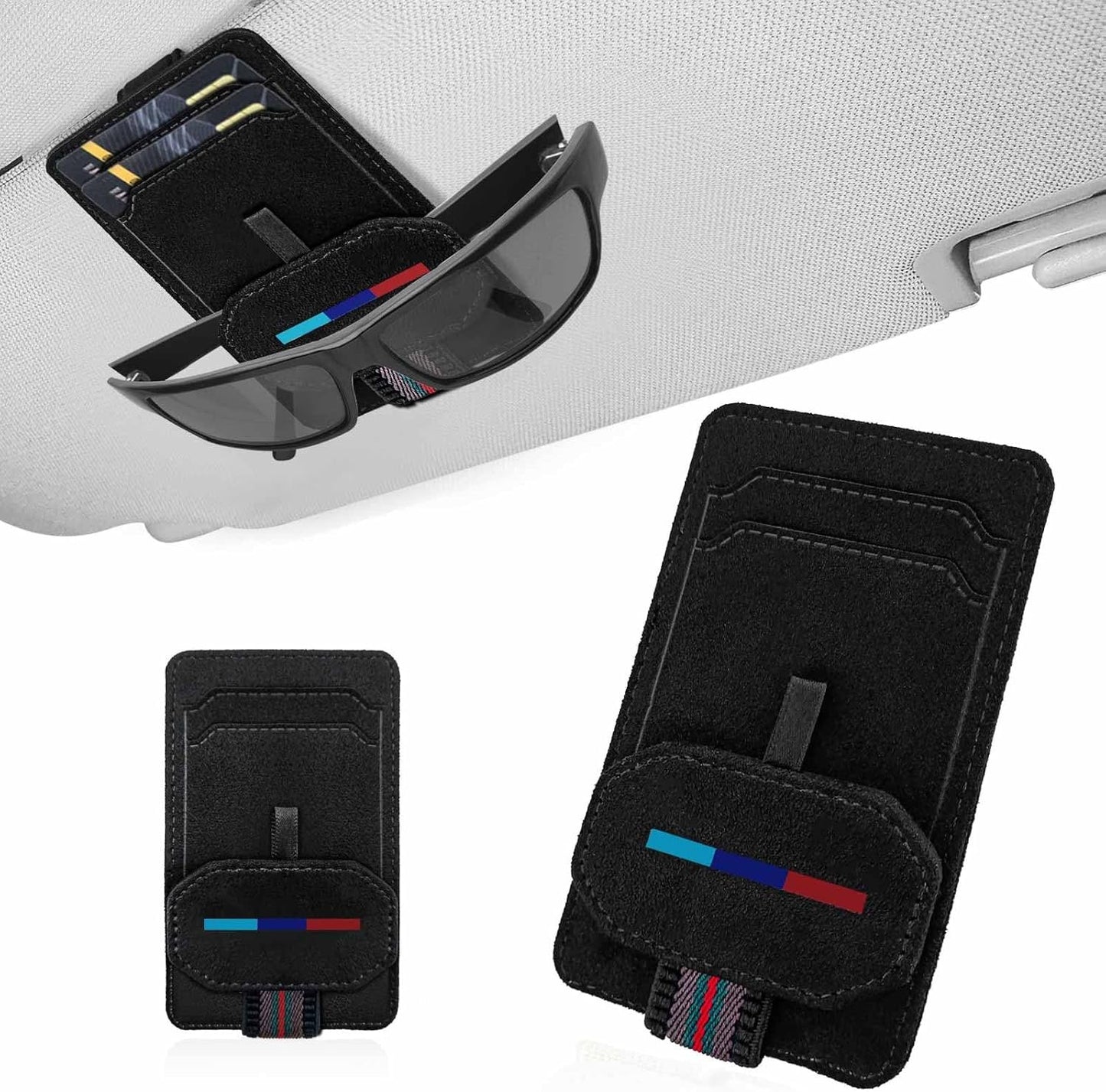 BREENHILL Magnetic Car Visor Sunglasses Holder, Leather Card and Ticket Clip, Interior Accessory,Suitable for Different Size Eyeglasses (Black)