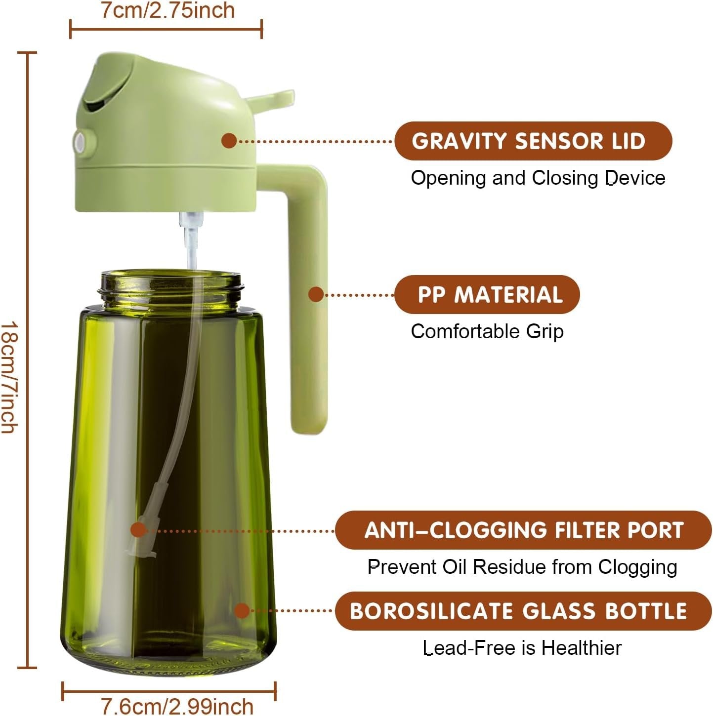 YARRAMATE 16oz/470ml Light-Blocking 2 in 1 Dark Oil Sprayer for Cooking, PremiumFood-Grade Dark Green Olive Oil Dispenser Bottle for Kitchen, Air Fryer, BBQ (Green)